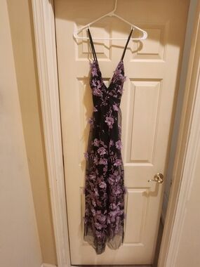 VENUS Black Maxi Dress with Lavender Floral Appliqués